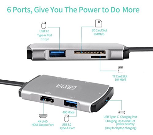 [해외]USB C Hub Adapter,EBXYA USB C Adapter Thunderbult 3 with Type-C Power Delivery 4K HDMI Hub Video HD Output Port, 2 USB 3.0 Ports, Type C Hub SD / TF Card Reader Type C Charger for More USB C Devices