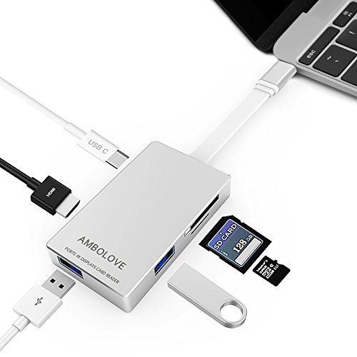 [해외]USB C Hub,Multiport USB Adapter with Charging Pass Through Port,HDMI 4K Output Port, 2 USB 3.0 Ports, SD & MicroSD Card Reader,Portable Type C Hub for MacBook Pro 2016/2017 and More Type-C Devices