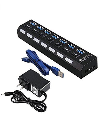 [해외]Multi Port 7-Port USB 3.0 Data Hub Super Speed Multiple Devices with Power Adapter,Switches,LED Power Indicator,1.75ft USB 3.0 Data Cable for PC Laptop Computer