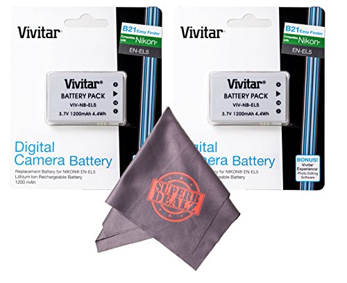 [해외]2 Pack of EN-EL5 Vivitar Ultra High Capacity Rechargeable 1200mAh Li-ion Batteries + Microfiber 랜즈 Cleaning Cloth ENEL5 (Nikon EN-EL5 Replacement)