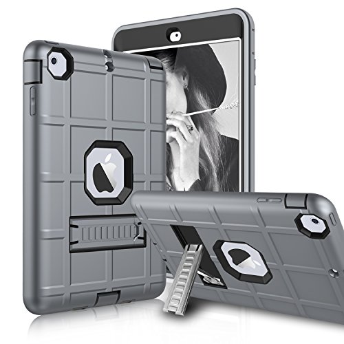 [해외]아이패드 Mini Case, 아이패드 Mini 2 Case, 아이패드 Mini 3 Case, Zenic Three Layer Heavy Duty Shockproof Full-body Protective Hybrid Case Cover with Kickstand for 애플 아이패드 mini Retina (Black/Grey)