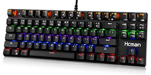 [해외]LED Backlit Mechanical Gaming Keyboard,Hcman USB Wired Computer Gaming Keyboard Blue Switches with Cool 6 Colors Light for PC or Mac,87 Keys (Black)