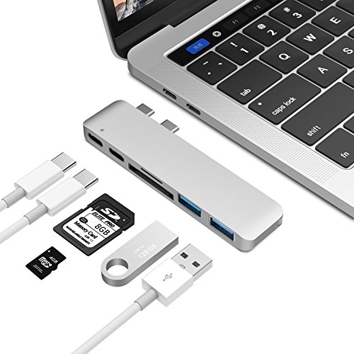 [해외]USB-C Hub，Bobalaly 6in1 Aluminum Type-C Macbook Pro Fastest Hub Adapter for 2016 MacBook Pro 13” and 15” 40Gbs Thunderbolt 3, Pass-Through Charging, SD/Micro Card Reader, 2 USB 3.0 Ports (Silver)