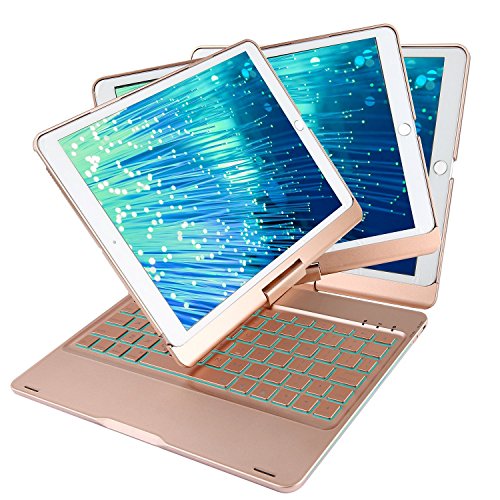 [해외][New Version] 아이패드 Keyboard Case for New 2018 iPad, 2017 iPad, 아이패드 Pro 9.7, 아이패드 Air 1 and 2 with 360 Degree Rotatable Cover and Folio 180 Degree Multi-Angle (All 9.7 inch Versions) Rose Gold