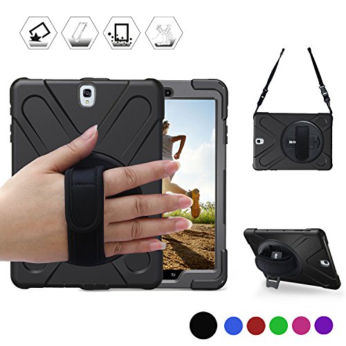 [해외]BRAECN 갤럭시 Tab S2 8.0 Case,[Heavy Duty] Full-body Rugged Protective Case with a 360 Degree Swivel KickStand/a Hand Strap/a Shoulder Strap for 삼성 Tab S2 8.0 inch(SM-T710 T715 T713) (Black)