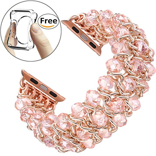 [해외]Fastgo for 애플 Watch Band 38mm, Classy Retro Crystal Beaded Stretch Elastic for Iwatch Band for Series 1, Series 2, Series 3 (Pink Crystal - 38mm)