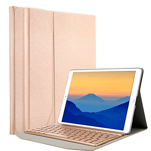 [해외]아이패드 Pro 10.5 Case with Keyboard, iEGrow F15S Lightweight Stand Portfolio Cover with 7 Colors Backlit Detachable Bluetooth Keyboard for 애플 아이패드 Pro 10.5-inch 2017 Released Model A1701/A1709(Gold)