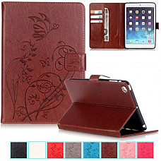 [해외]아이패드 mini Case,iPad mini 3/2 Case-UUcovers Embossed Synthetic Leather Butterfly&Flower Pure Color Series*Magnetic Closure*Stand Case*Cards/Cash Holder*Cover for 애플 아이패드 mini 1/2/3-Brown