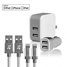 [해외]Ubio Labs MFi Certified Lightning cable kit for iPhone/iPad/iPod. Long six foot (6’) braided charge/sync cord with high-speed dual USB wall and car charger. 2.4A /4.8A (24W) output for fast charge.