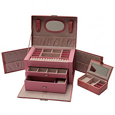[해외]Misylph PU Leather Jewelry Box,Large Jewel Storage Organizer,Travel Case with Switch, Mirror, Key and Handle (Pink2)