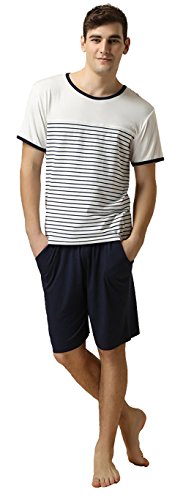 [해외]QianXiu Summer Short Sleeve Classic Stripes Pajama Set For Men,White,X-Large