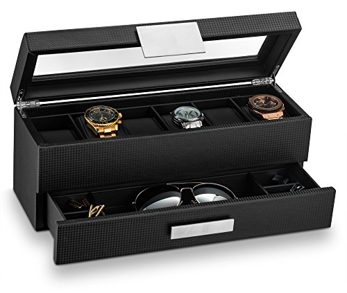 [해외]Watch Box with Valet Drawer for Men - 6 Slot Luxury Watch Case Display Organizer, Carbon Fiber Design -Metal Buckle...