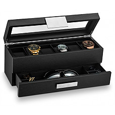 [해외]Watch Box with Valet Drawer for Men - 6 Slot Luxury Watch Case Display Organizer, Carbon Fiber Design -Metal Buckle...