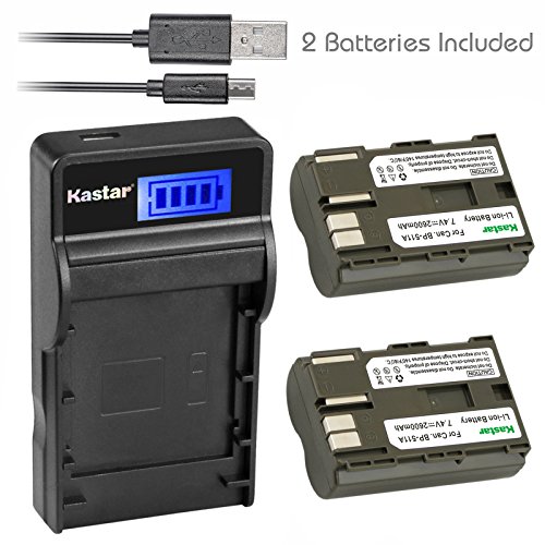 [해외]Kastar 배터리 (X2) & SLIM LCD Charger for 캐논 BP-511 BP-511A and EOS 5D 10D 20D 30D 40D 50D Digital Rebel 1D D60 300D D30 Kiss Powershot G5 Pro 1 G2 G3 G6 G1 Pro90 Optura 20, Grip BG-E2N