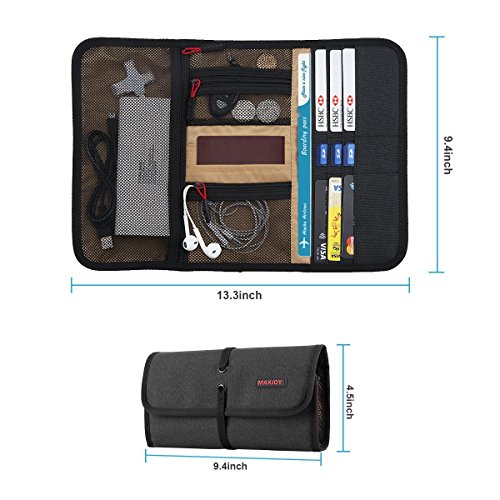 [해외]Travel Gear Organizer with Passport Cash Card Slots - Maxjoy Roll-up Electronics Accessories Organizer, Small Gadget Carry Case for Chargers USB Cables and Other Electronics Accessories, Black