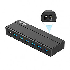 [해외]Unitek [7 Port USB HUB + Ethernet Adapter] USB 3.0 6-Port Hub + 1 Charging Port + Ethernet Adapter with 12V/3A AC Power Adapter, LEDs and Power Switch