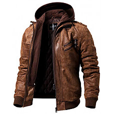 [해외]FLAVOR 남성 모토사이클/바이크 가죽 잠바 Men Brown Leather Motorcycle Jacket with Removable Hood (Medium (US Standard), Brown)