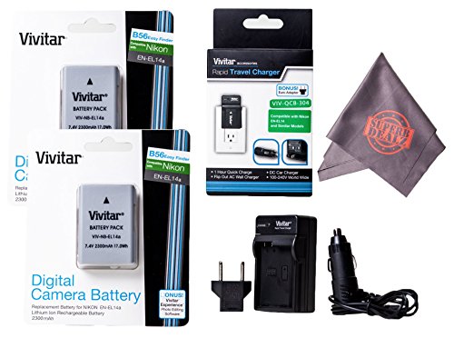 [해외]2 Pack of Vivitar EN-EL14 / EN-EL14a Ultra High Capacity 2300mAh Li-ion + AC/DC Vivitar Rapid Travel Charger + Microfiber 랜즈 Cleaning Cloth EL14 ENEL14 (Nikon EN-EL14 Replacement)