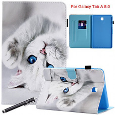 [해외]갤럭시 Tab A 8.0 Case, Newshine PU Leather Protective [Kickstand] [Card Slots] Wallet Case Cover with Auto Sleep/Wake for 삼성 갤럭시 Tab A 8.0 [T350(Wi-Fi)/ T355 (3G/LTE)] - Blue Eye Cat