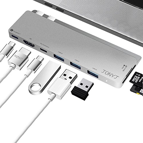 [해외]JONYJ Thunderbolt 3 USB C Hub, Type C Hub MAC Pro Adapter Dongle for 2016/2017 MacBook Pro 13”&15”, USB-C Adapter with 4K HDMI, 3 USB 3.0 Ports, USB-C Port, SD/TF Card Reader, PD Charger Port(Silver)