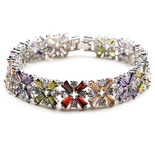 [해외]White Gold Plated Multicolor Crystal Bangle Bracelets for Women Cubic Zirconia Colorful Bracelet, 7"