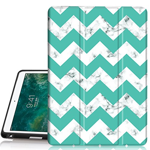 [해외]아이패드 Pro 10.5 Case, Hocase Trifold Folio Smart Case with 애플 Pencil Holder, Unique Pattern Design, Auto Sleep/Wake Feature, Soft TPU Back Cover for 아이패드 Model A1701/A1709 - Marble/Teal Chevron