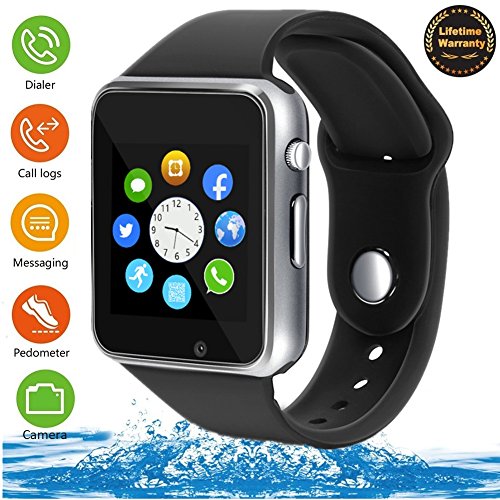 [해외]Smart Watch - 321OU Touch Screen Bluetooth Smart Wrist Watch Smartwatch Phone Fitness Tracker with SIM SD Card Slot 카메라 Pedometer for iPhone IOS 삼성 LG Android for Women Men Kids (Silver)