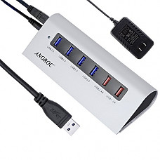 [해외]ANGROC Slim Protable Aluminium Alloy USB 3.0 SuperSpeed Hub 6-Port Integration of 4 USB 3.0 Port and 1 USB 2.4A Charging Port for iPad& 1 USB 1.2A Charging Port for iPhone-(Silver)