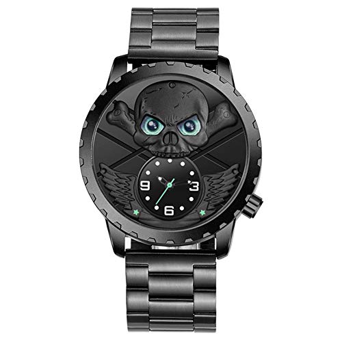 [해외]Mens Black Skull Head Watch Stainless Steel Band Owl Green Eyes Punk 시계 (Black)