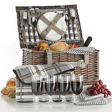 [해외]VonShef Deluxe 4 Person Traditional Wicker Picnic Basket Hamper with Cutlery, Plates, Glasses, Tableware & Fleece Blanket - Grey Gingham