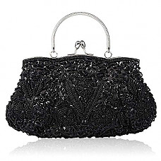 [해외]Meeto Collection Antique Floral Seed Bead Sequin Soft Clutch Evening Bag Designer Purse Large Clutch Handbag (Black)