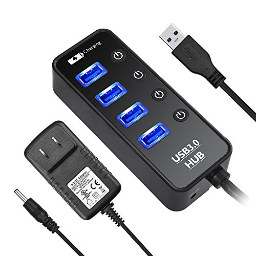 [해외]4 Port USB 3.0 Hub with Power Adapter and Charging Port, LYFNLOVE USB Hub Built-in Individual Switches for Mac, PC, Laptop and More