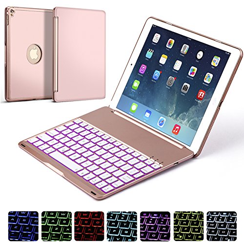 [해외]Ipad Pro 9.7 Keyboard Case, NOVT Aluminum Alloy 7 Color Backlit Ipad Pro Keyboard Smart Bluetooth Wireless Keyboard with Protective Case Cover Auto Sleep/Wake for 애플 아이패드 Pro 9.7 (Rose Gold)