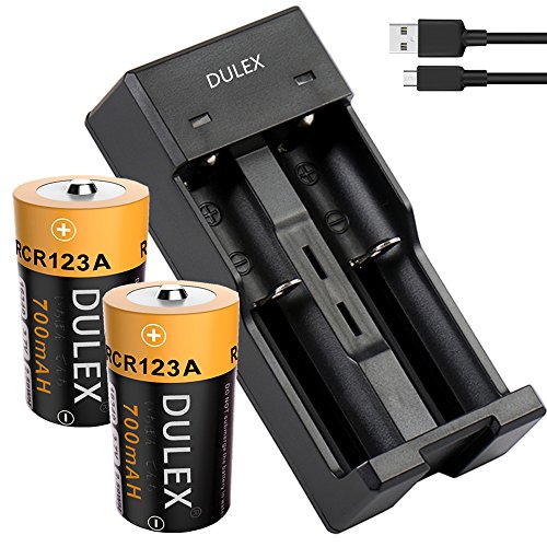 [해외]Rechargeable CR123A lithium 배터리 with Charger, DULEX 2-Pack 3.7V Lithium ion RCR123a 배터리 카메라 Batteries for Arlo Cameras led flashlight