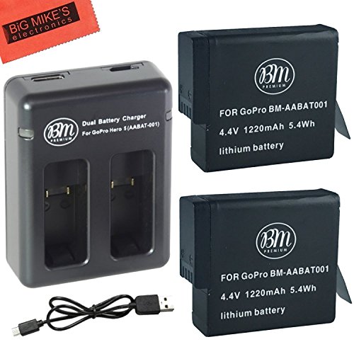 [해외]BM Premium 2 Pack of AABAT-001 Batteries and USB Dual 배터리 Charger for 고프로 HERO6, HERO 6,HERO 5, HERO5 Black Action 카메라 - Compatible with firmware v01.50 and v01.55