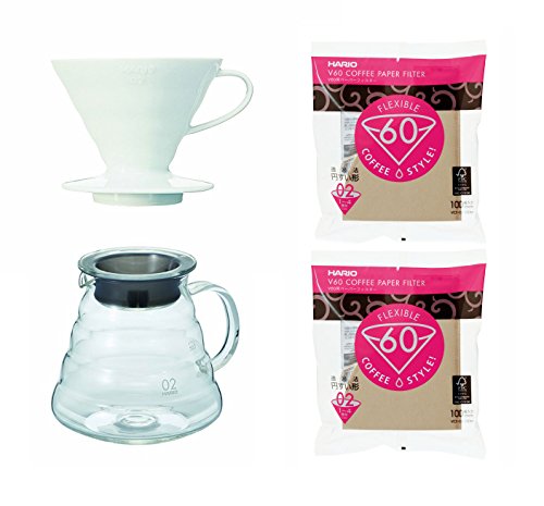 [해외]3 하리오 V60 Series Products - 600 ml Glass Kettle, Porcelain Dripper and 200 Paper Filters (Japan Import)