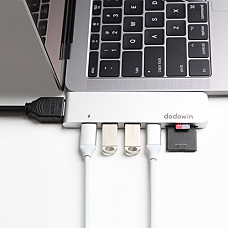 [해외]USB C Hub, DODOWIN 7 in 1 USB C Adapter with 4K HDMI, Thunderbolt 3 Port(pass-Through Charging), USB-C Port, 2 USB 3.0 ports, and SD/TF card reader, for 애플 2016/2017 MacBook Pro 13" & 15"(Silver)