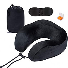 [해외]SAIREIDER Travel Neck Pillow Airplane Sleeping Adjustable U-Shape 100% Pure Memory Foam Neck Cusion with Portable Bag, Sleep Mask and Earplugs Y-Black