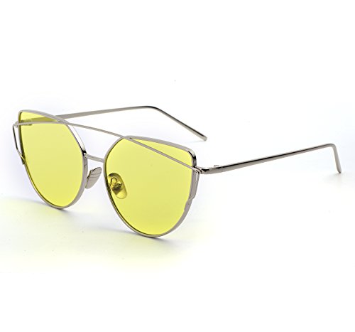 [해외]YANQIUYU Stylish Metal Frame Cat Eye Sunglasses for Women Mirrored Flat 랜즈 (Transparent Yellow Lens/Gold Frame, 58)