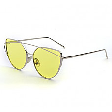 [해외]YANQIUYU Stylish Metal Frame Cat Eye Sunglasses for Women Mirrored Flat 랜즈 (Transparent Yellow Lens/Gold Frame, 58)
