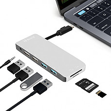 [해외]USB C Hub,iDeer Life Type C Hub Multi-Ports Aluminum USB C Hub Adapter with Two USB C 3.0 Ports,Two USB 2.0,SD/TF Card Reader for 12” MacBook,MacBook Pro,Google Chromebook &more USB C Devices.Silver