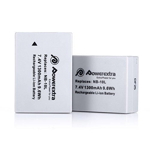 [해외]Powerextra 2 Pack NB-10L 1300mAh 7.4V 배터리 for 캐논 NB-10L, CB-2LC and 캐논 PowerShot G1 X, G15, G16, SX40 HS, SX50 HS, SX60 HS