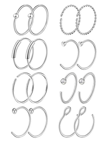 [해외]Masedy 16Pcs 20G 316L Stainless Steel Nose Rings Hoop Tragus Cartilage Helix Ring Lip Septum Piercing Silver 10MM