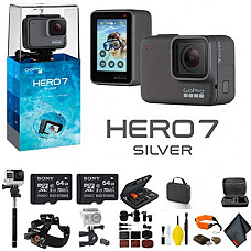 [해외]고프로 HERO7 Silver - Bundle Includes: 2 64GB Memory Cards, Case, Chest Mount, Handle Bar Mount, Selfie Stick, Floating Strap More