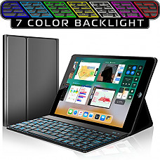 [해외]아이패드 Keyboard Case for New 2018 iPad, 2017 iPad, 아이패드 Pro 9.7, 아이패드 Air 1 and 2/Bluetooth Backlit Detachable Quiet Keyboard – Slim Leather Folio Cover – 7 Color Backlight – 애플 Tablet (9.7, Black)