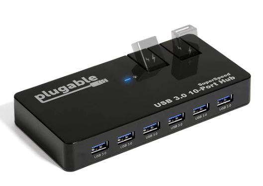 [해외]Plugable 10-Port USB 3.0 SuperSpeed Hub with 48W Power Adapter and Two Additional Flip-Up Ports for additional devices.
