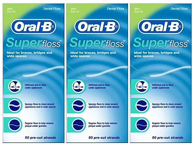 [해외]오랄비 슈퍼플러스 SuperFloss Super Dental Floss for Braces Bridges - 50 Strips (Pack of 3)