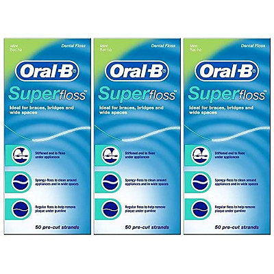Oral-B Super Floss Mint Dental Floss For Braces Bridges - 50 Strips ( Packs  3 )