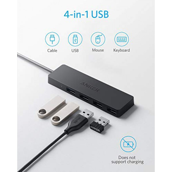 [해외] 앤커 슬림 4포트 USB 허브 Anker 4-Port USB 3.0 Hub, Ultra-Slim Data USB Hub with 2 ft Extended Cable [Charging Not Supported], for MacBook, Mac Pro, Mac mini, iMac, Surface Pro, XPS, PC, Flash Drive, Mobile HDD