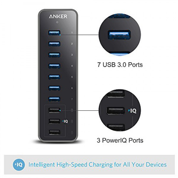 [해외] 앤커 10포트 데이터 허브 Anker 10 Port 60W Data Hub with 7 USB 3.0 Ports and 3 PowerIQ Charging Ports for MacBook, Mac Pro/Mini, iMac, XPS, Surface Pro, iPhone 7, 6s Plus, iPad Air 2, Galaxy Series, Mobile HDD, and More